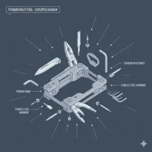 Detailed exploded view diagram showing the features of versatile titanium edc tools.