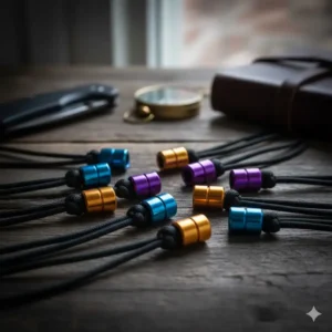 A variety of colorful anodized titanium lanyard beads showing different electrolytic finish options.