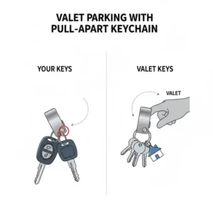 A diagram showing a car key separated from a house key set using a dual-ring pull apart key chain for easy valet handoff.