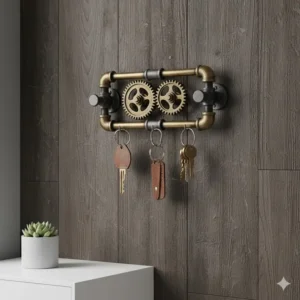 Unique industrial pipe and gear designs functioning as interesting key holders for a rustic home.