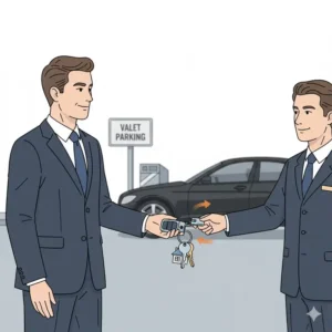 An illustration of a person detaching their ignition key from a pull apart keychain for a valet.