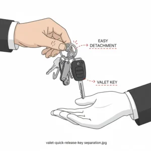 A person detaching a car key from the best quick release keychain for a valet service.