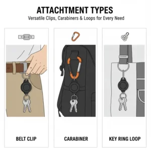 Three different attachment styles available for the best retractable key chain including belt clip and carabiner.