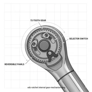 Technical illustration showing the internal 72-tooth gear mechanism of a fine-tooth edc ratchet.