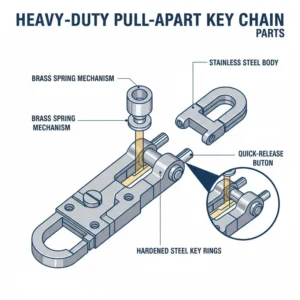 A technical drawing highlighting the durable brass and steel components of a heavy duty pull apart key chain.
