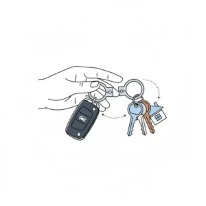 An organized setup of home and office keys using a dual-sided pull apart key ring.