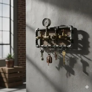 Industrial-inspired wall art showing a heavy-duty pipe key holder unique for loft apartments.