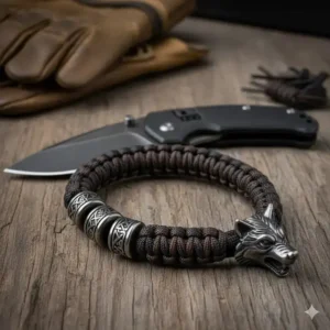 A pocket knife with a paracord tail decorated with heavy-duty metal paracord beads.