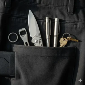 A minimalist flat lay showing how to organize lightweight titanium edc tools for daily carry.
