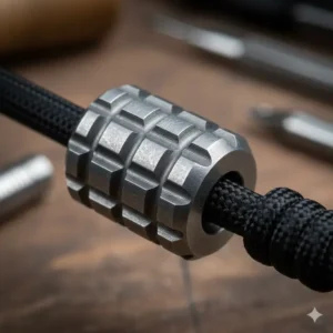 Close-up view of the precision CNC machining on custom-designed titanium lanyard beads.