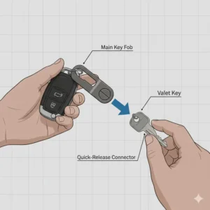 Illustration showing a user easily detaching an ignition key from a quick release key chain for valet parking.