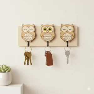 Owl shaped wooden wall decor that works as interesting key holders by opening eyes when keys attach.