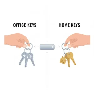 A pull apart keychain effectively organizing and separating office keys from home keys.