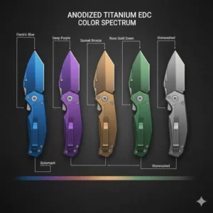 A display of custom colors available for anodized titanium edc tools through heat treatment.