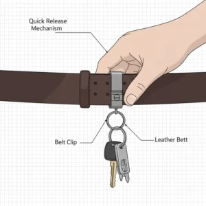 A quick release key chain secured to a leather belt loop for easy access and security.