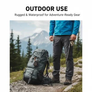 A rugged and waterproof version of the best retractable key chain attached to a backpack for outdoor use