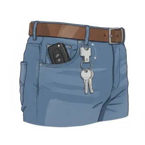 Everyday carry illustration showing a pull apart key ring clipped to a belt loop.