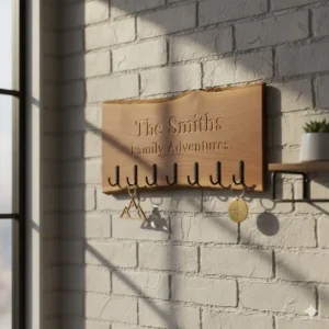 A personalized family name engraved wooden key holder unique mounted on a brick wall.
