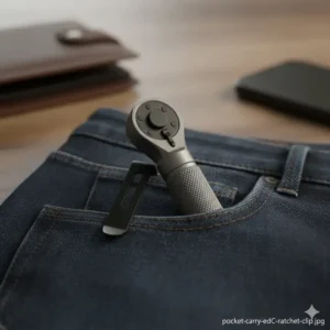 An edc ratchet with a deep-carry pocket clip tucked into the corner of a denim jeans pocket.