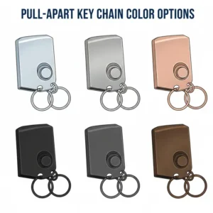 A collection of pull apart key chain in various finishes including matte black, chrome, and rose gold.