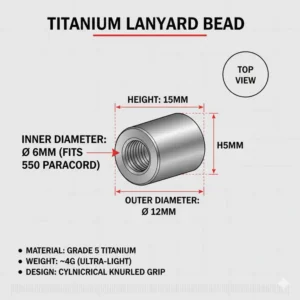 A technical drawing showing the standard dimensions of titanium lanyard beads for paracord compatibility.