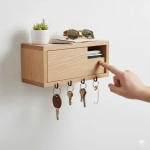 A multifunctional wooden shelf with a secret drawer and interesting key holders underneath.