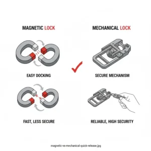 Infographic comparing magnetic and mechanical locking styles of the best quick release keychain.