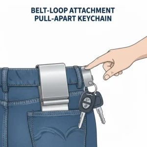 An illustration of a quick release pull apart key chain securely attached to a trouser belt loop for easy access.