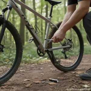 Using a mini edc ratchet to tighten a bolt on a mountain bike frame during a trail-side repair.
