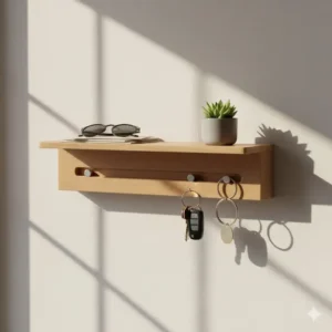 A multi-functional wooden shelf and key holder unique combination for entryway organization.