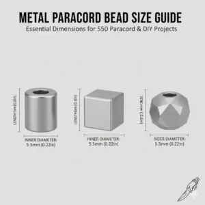 A collection of silver-toned stainless steel metal paracord beads in various geometric shapes.