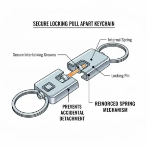 A size comparison illustration showing the compact and pocket-friendly pull apart keychain dimensions.
