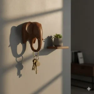 An artistic wooden elephant-shaped key holder unique using the trunk as a sturdy hook.