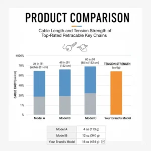 A professional comparison chart highlighting the cable length of the best retractable key chain versus competitors.