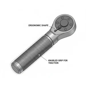 Illustration highlighting the knurled grip and ergonomic handle shape of a stainless steel edc ratchet.