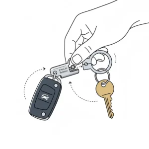 Close-up illustration of the secure thumb-press release on a pull apart key ring.
