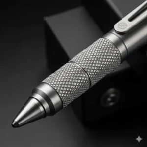 Close-up shot of a precision-machined tactical pen from a set of titanium edc tools.