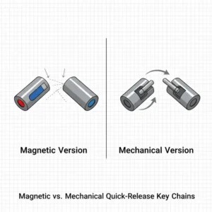 Side-by-side comparison of a magnetic quick release key chain and a classic pull-apart mechanical version.