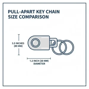 A scale illustration showing the compact length and ring diameter of a standard pull apart key chain.