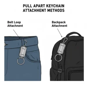 Illustration demonstrating different ways to clip a pull apart keychain to a belt loop or backpack.