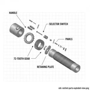 Exploded view diagram showing the handle, selector switch, pawls, and spring of a high-end edc ratchet.