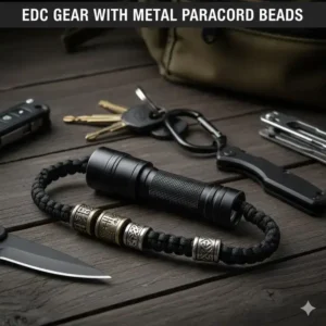 An instructional illustration showing how to thread two strands of paracord through metal paracord beads.