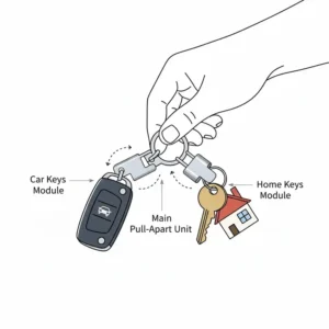 A modular key management system featuring multiple interlocking pull apart key ring units.