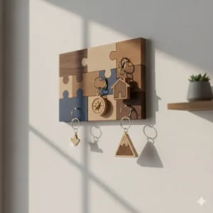 A creative interactive jigsaw puzzle key holder unique where keychains fit into matching slots.