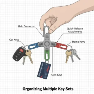 A visual guide on using multiple quick release key chain connectors to organize home, office, and gym keys.