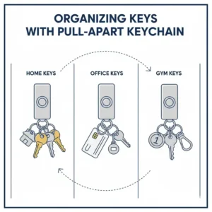 An infographic showing how to organize office, gym, and home keys using a multi-link pull apart key chain system.