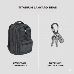Multiple titanium lanyard beads used as decorative zipper pulls on a tactical backpack and keychain.