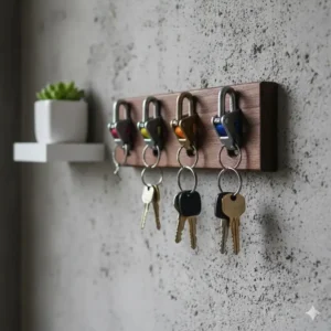 Professional rock climbing nuts and chocks repurposed into interesting key holders on a concrete wall.
