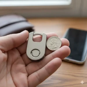 The best quick release keychain held in a hand to show its small and compact dimensions.