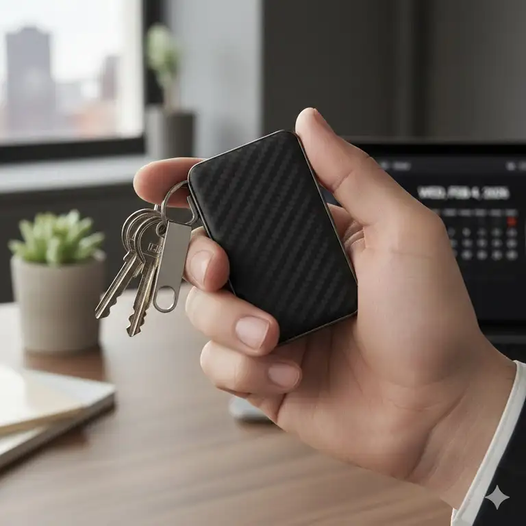 A sleek carbon fiber key organizer held in a hand, showing a modern keychain alternative for a minimalist lifestyle.